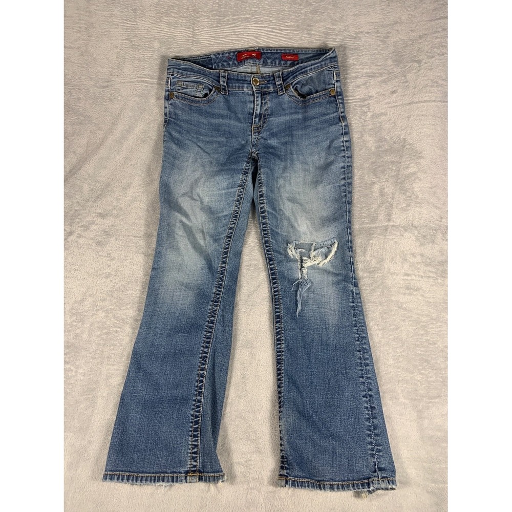 Seven7 Bootcut Jeans Womens 32x28 Medium Wash Distressed Denim Blue Embroidered